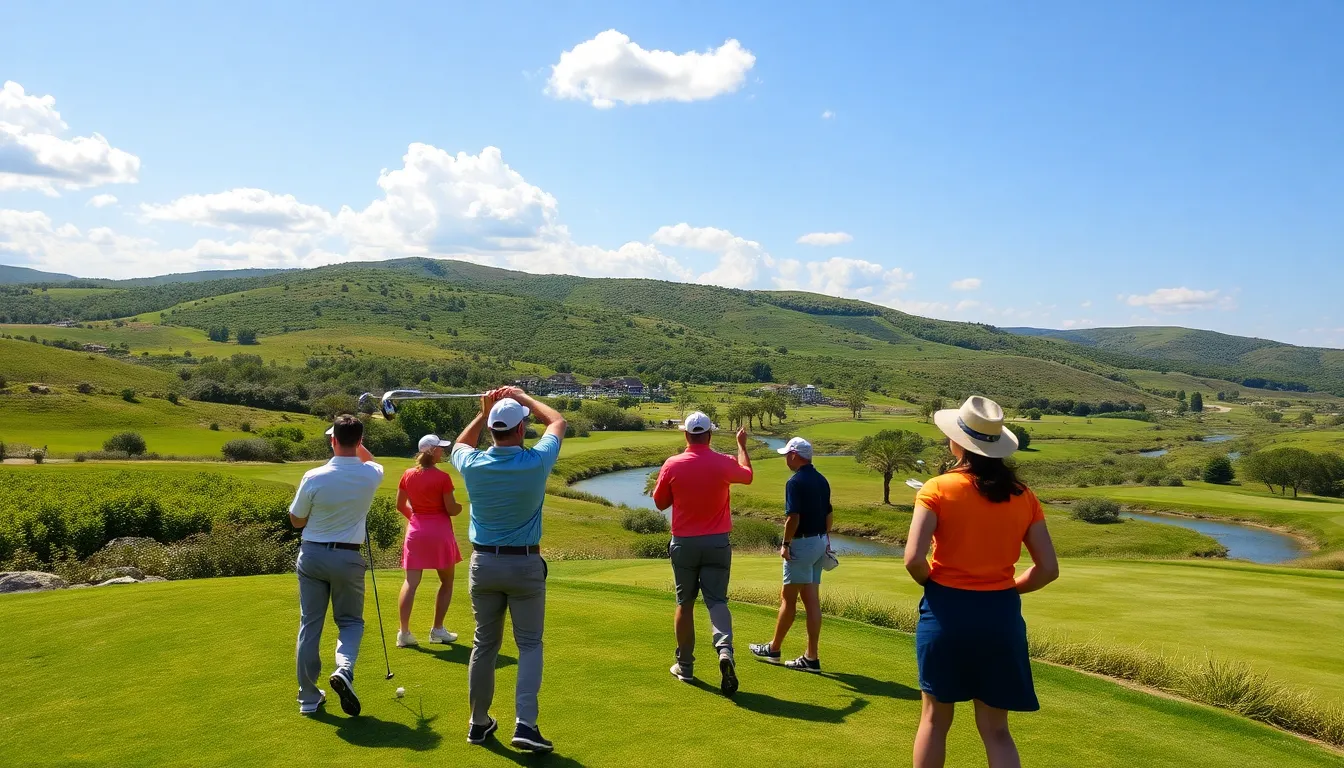 diverse group of golfers enjoying a scenic outdoor course.