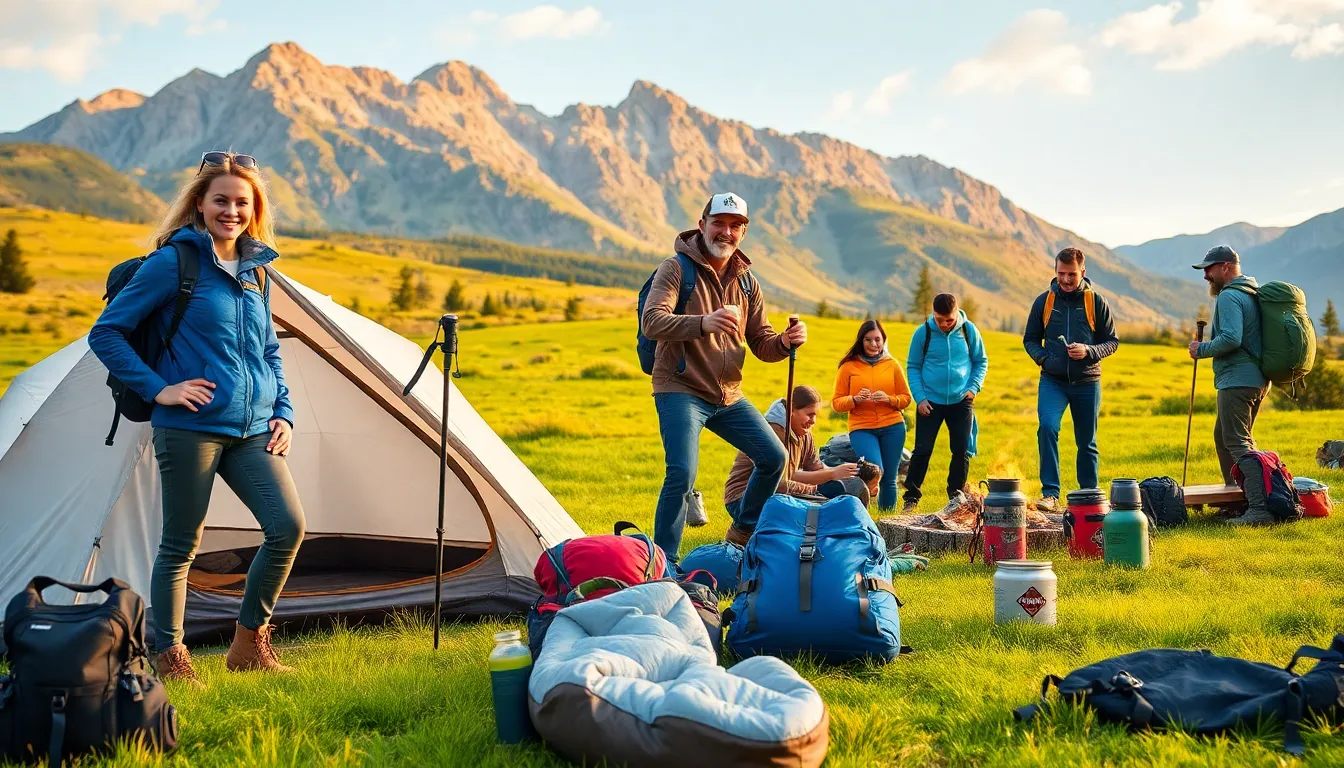 diverse adventurers enjoying outdoor activities in a natural setting.