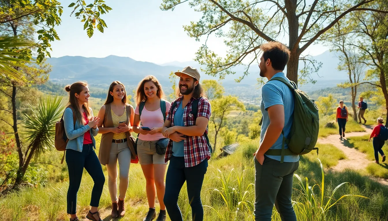 professionals enjoying a discussion in a scenic outdoor setting.