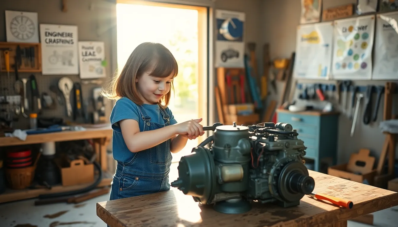 a young girl exploring an engine in a sunlit garage.