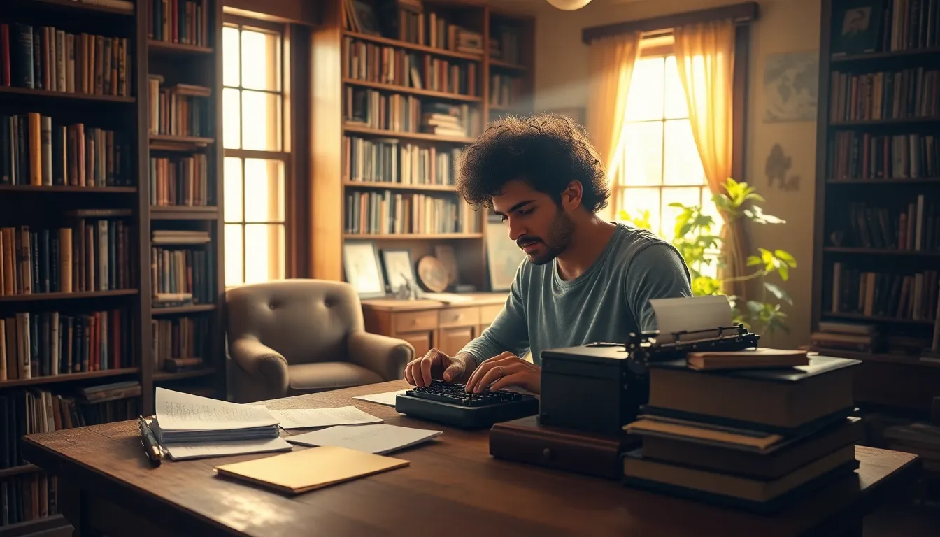an author writing at a desk surrounded by books and notes.